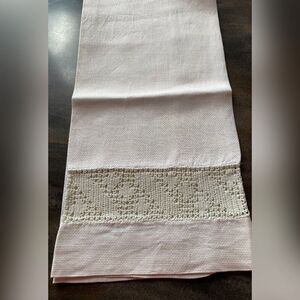 Vintage Table Cloth Runner White Linen Crochet Lace Trim Grandmacore 37 X 17”